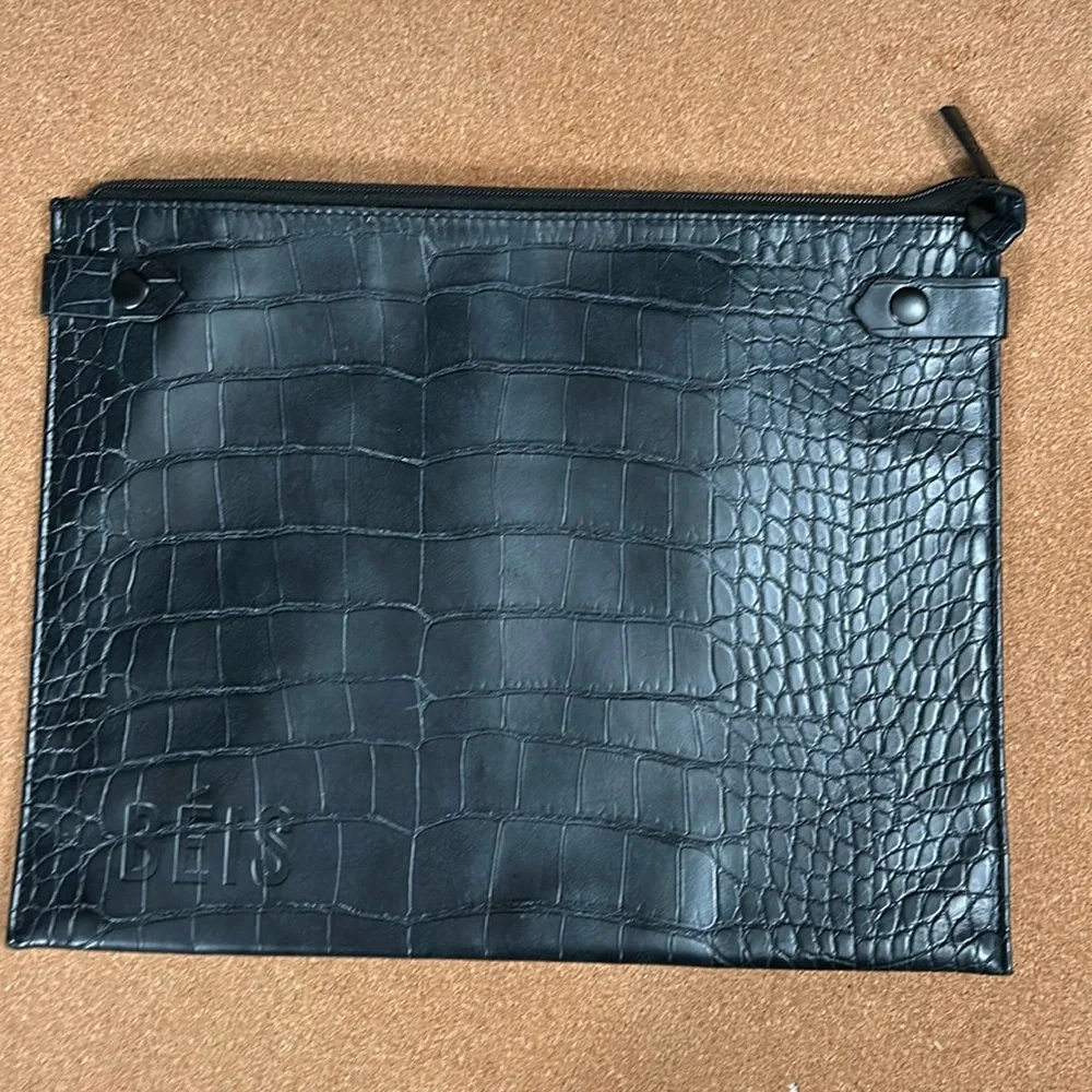 Beis Black Faux Leather The work Tote Croc Laptop Sleeve